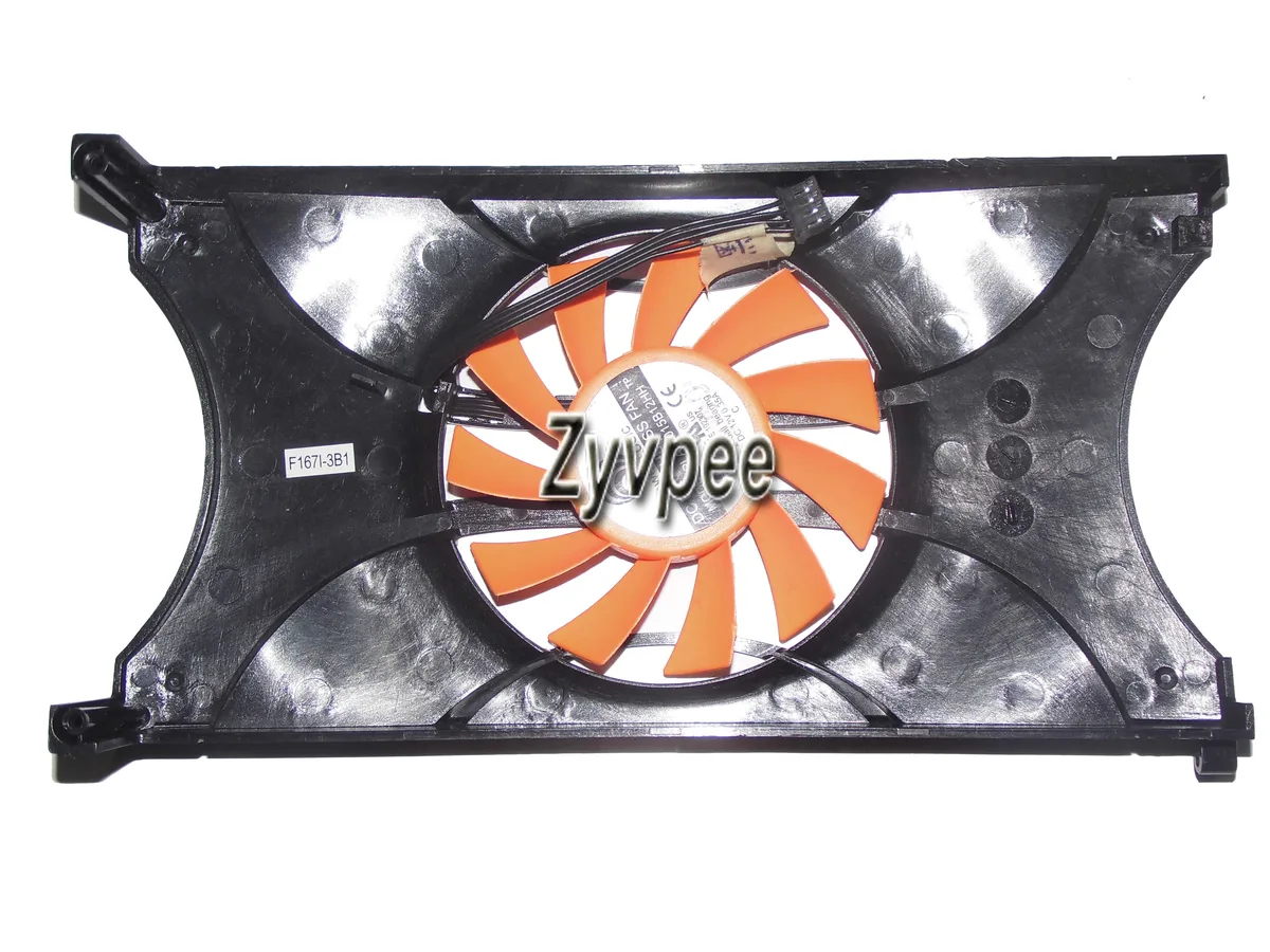 Small black-frame fan with orange blades, four-pin connector
