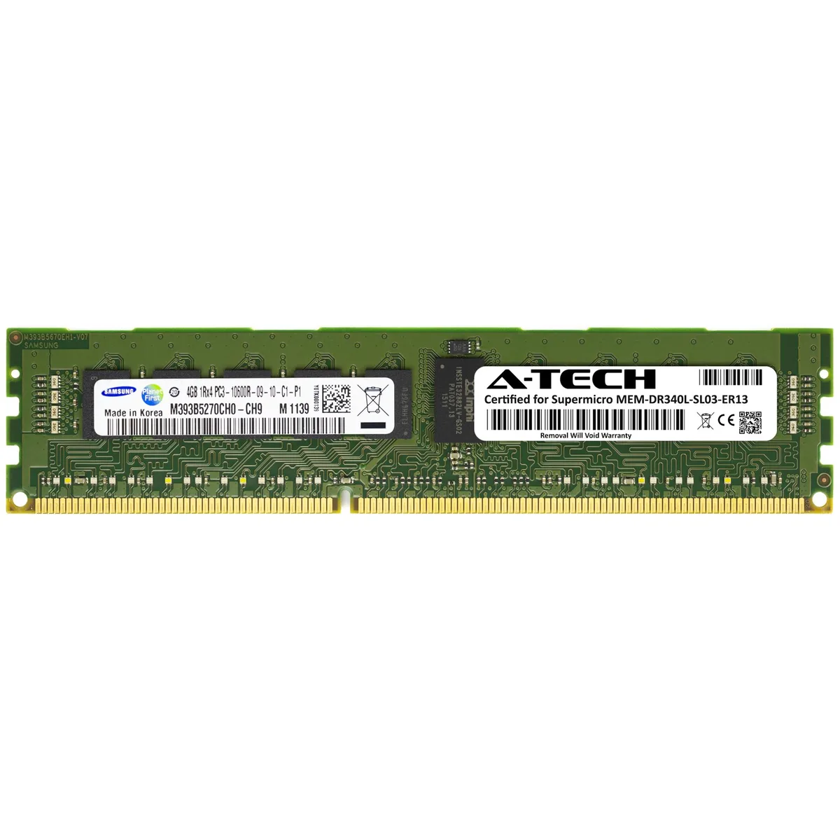 Green 240-pin DDR3 RDIMM with black Samsung chips and silver edge contacts