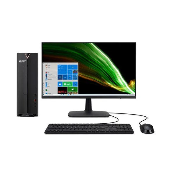 Black compact tower with vertical brushed front and glossy badge beside a 23.8 inch monitor