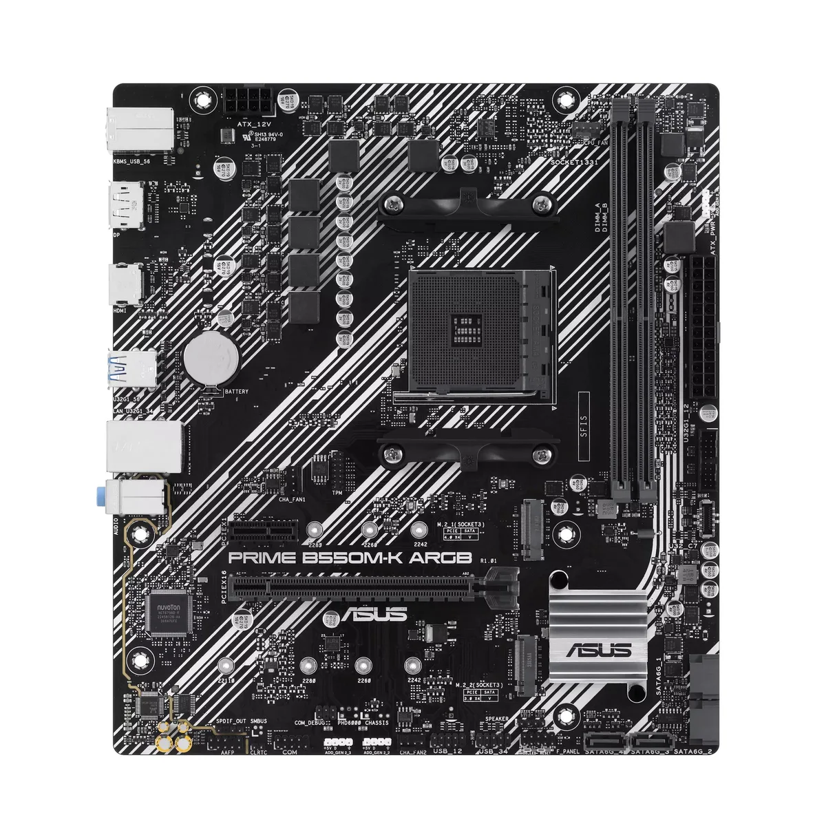 Green mATX motherboard with silver heatsinks and ARGB lighting accents