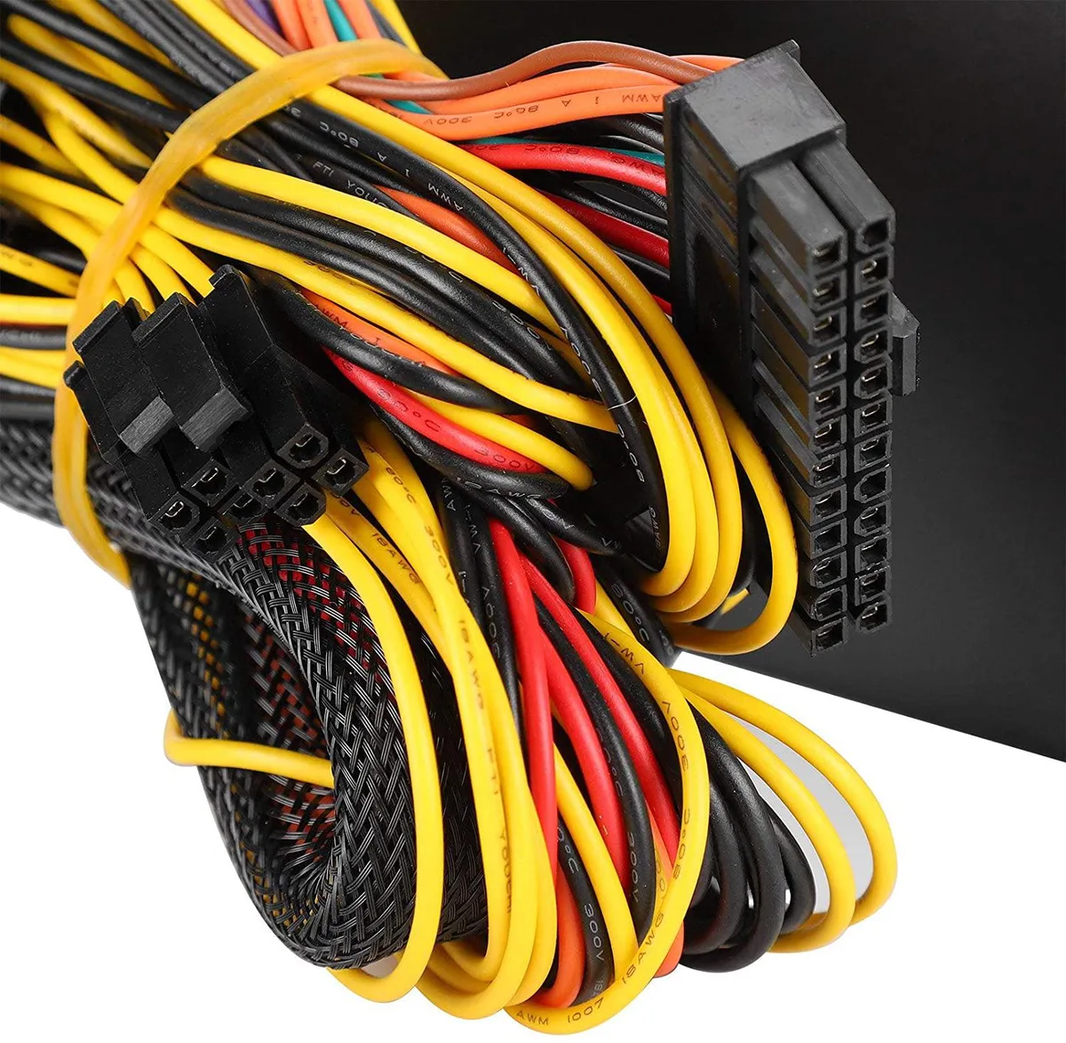 Rectangular silver ATX power supply with 12cm fan and British flag power cord