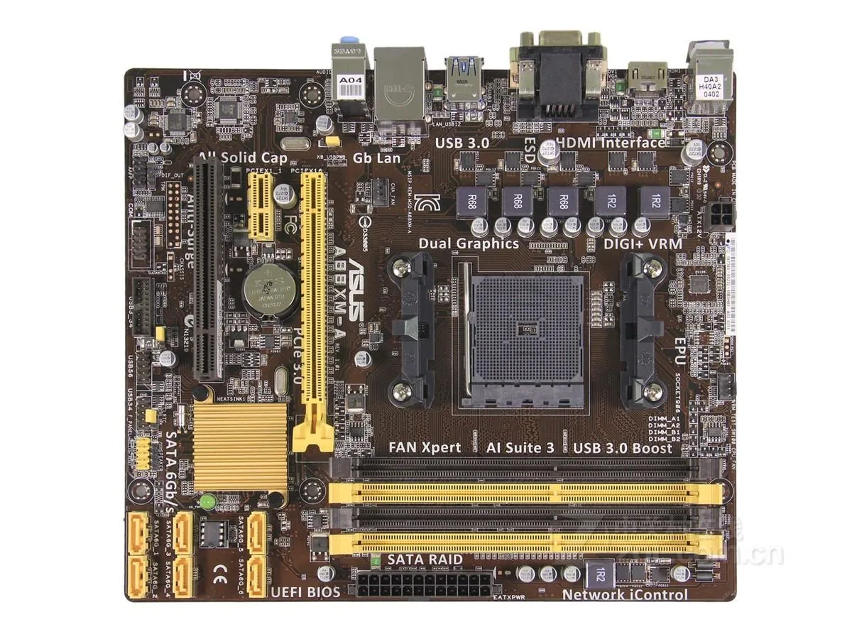 Green Micro ATX motherboard with black sockets and silver heatsinks