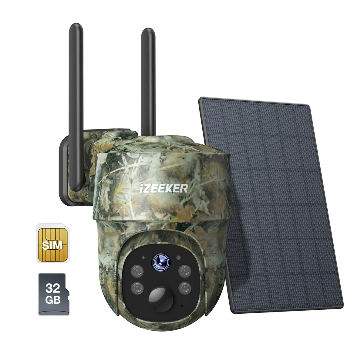 iZEEKER iG500 Cellular Trail Camera 2K 360° Pan 336° Tilt 90° 15fps IP65 Solar 32GB SD 300MB 4G SIM — product photo