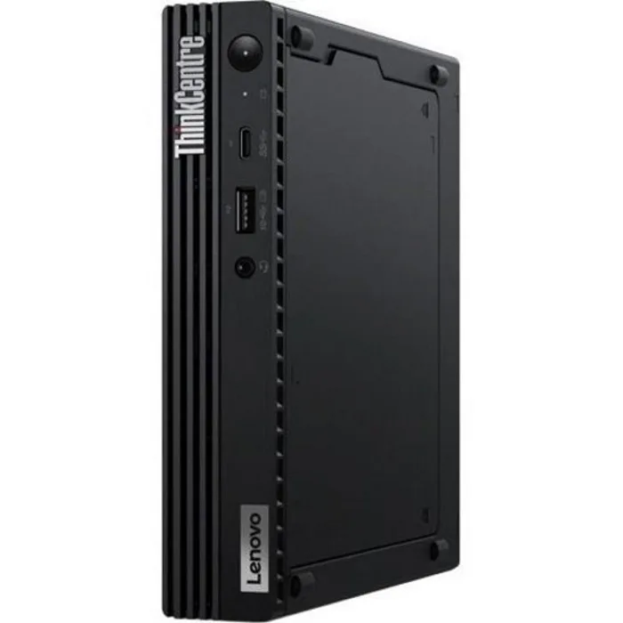 Tiny black desktop computer, compact cube shape