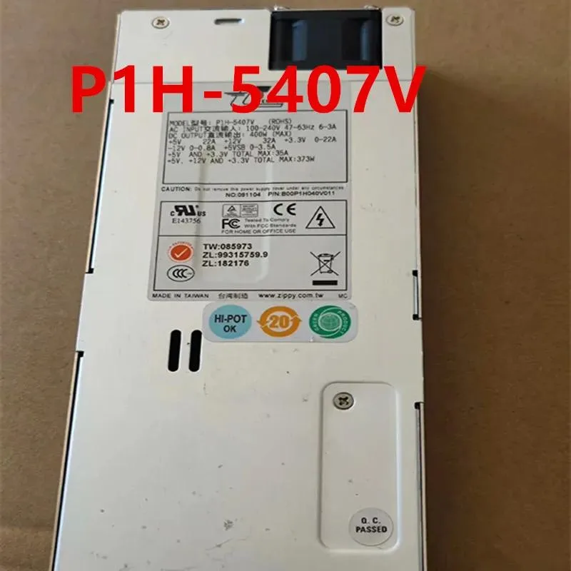 Silver 1U 400W ATX power supply unit with rear fan grille and modular cable sockets