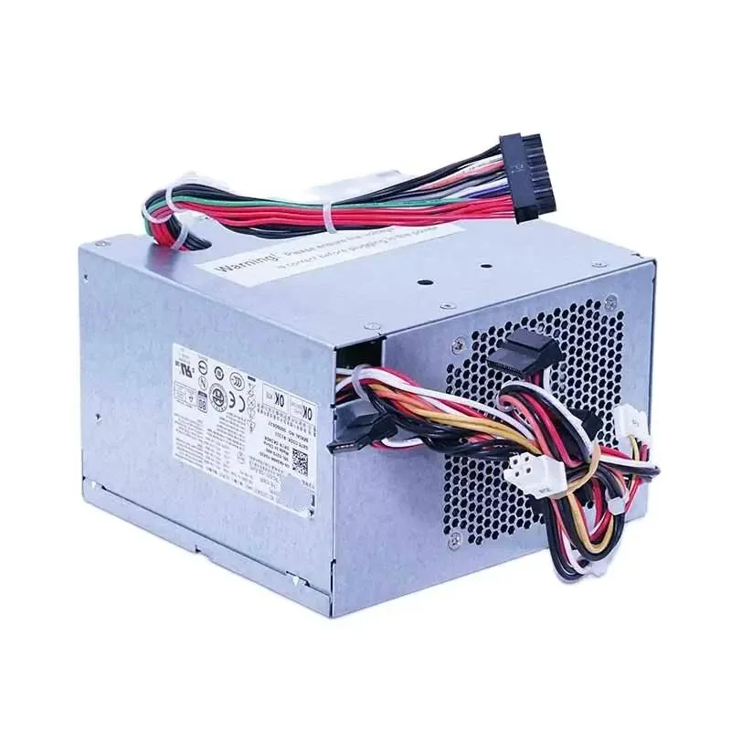 Rectangular metal ATX power supply unit with ventilation grille and label showing model numbers
