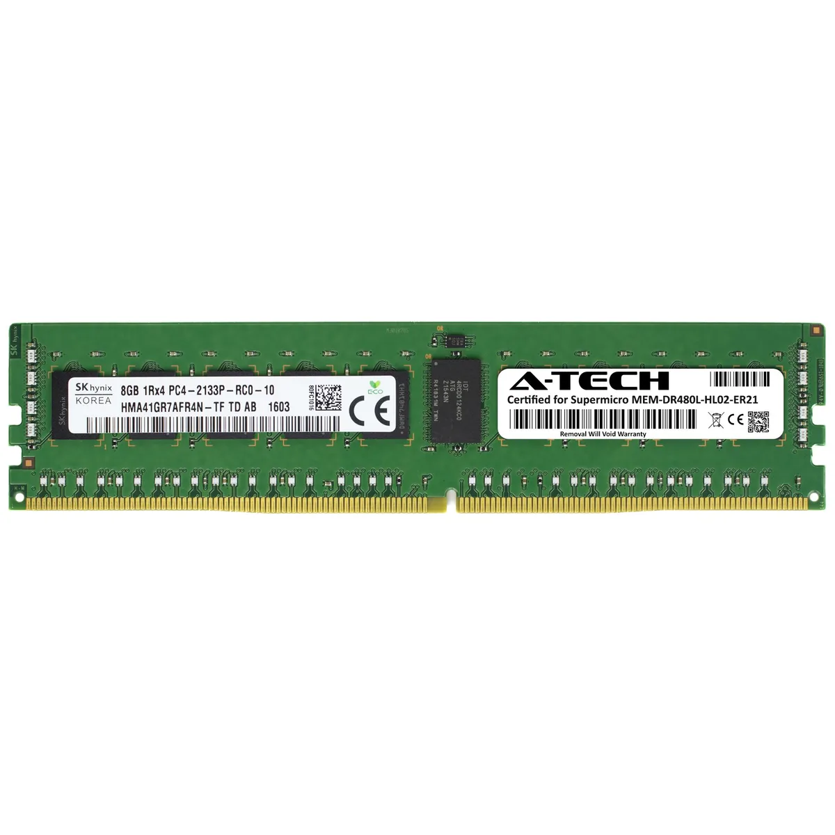 Green rectangular DDR4 RDIMM module with black chips and gold contacts