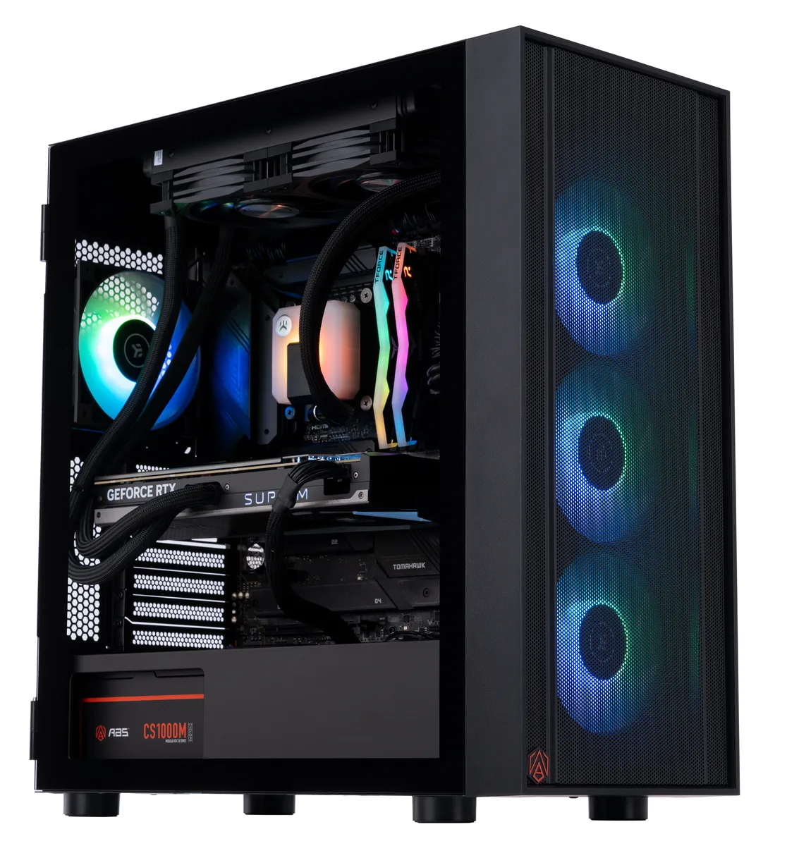 Black mid-tower gaming PC with side window and liquid cooling radiator