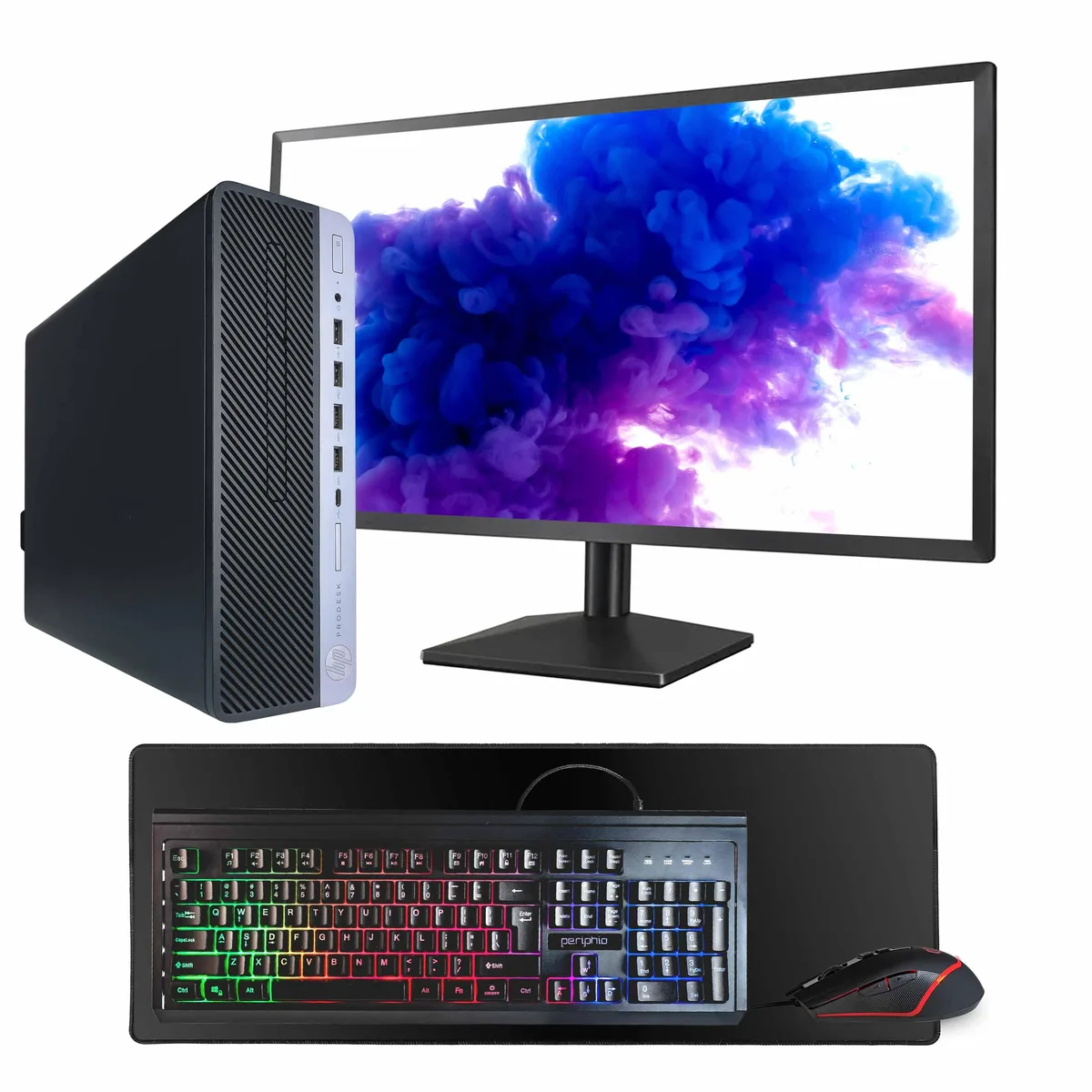 Black and silver desktop tower with 24 inch monitor