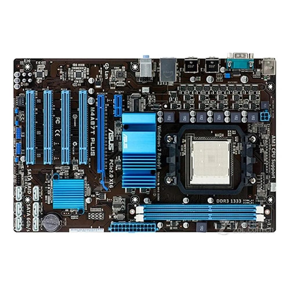Green ATX motherboard with black sockets and silver heatsinks