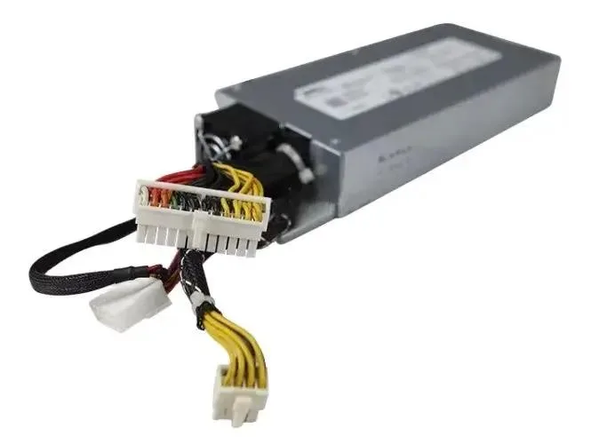 Rectangular silver server power supply unit with ventilation grille and label showing model numbers 410 415 480