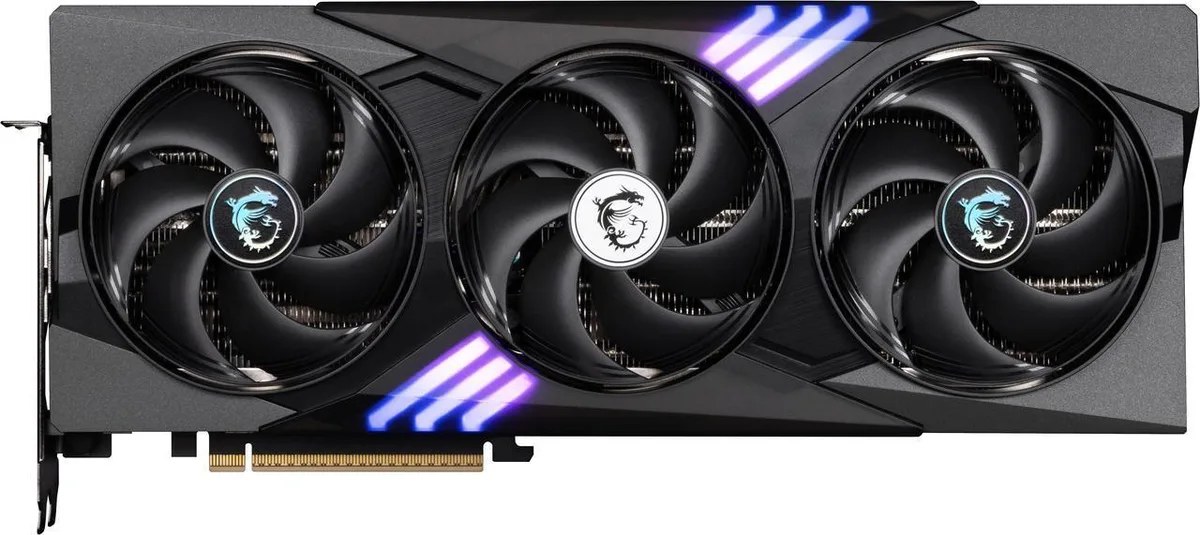 Triple-fan graphics card in dark grey and black finish