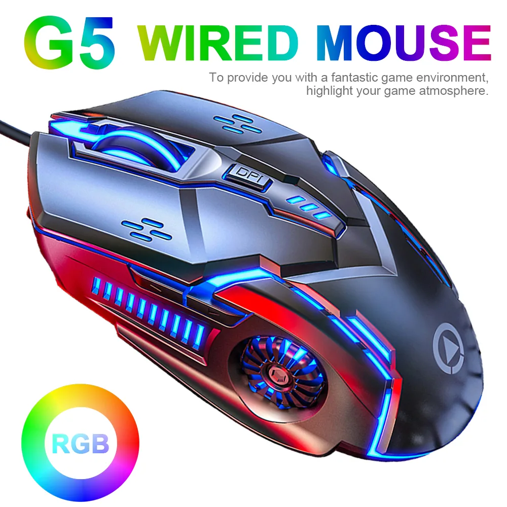 Black wired gaming mouse with ergonomic shape, six buttons, scroll wheel and multicolour LED lighting