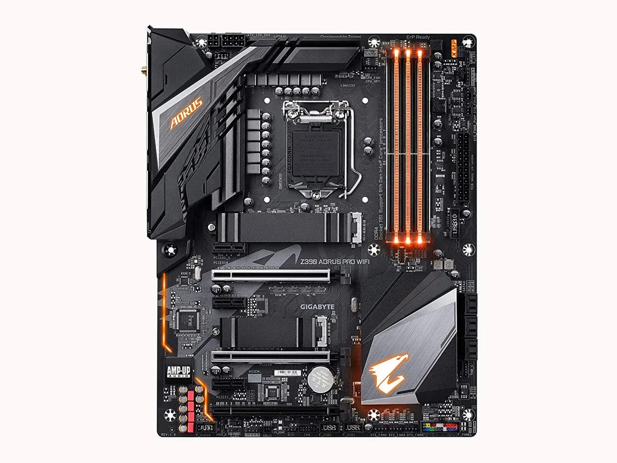 Rectangular ATX motherboard in dark finish with silver I/O shield, two SATA cables and two Wi-Fi antennas
