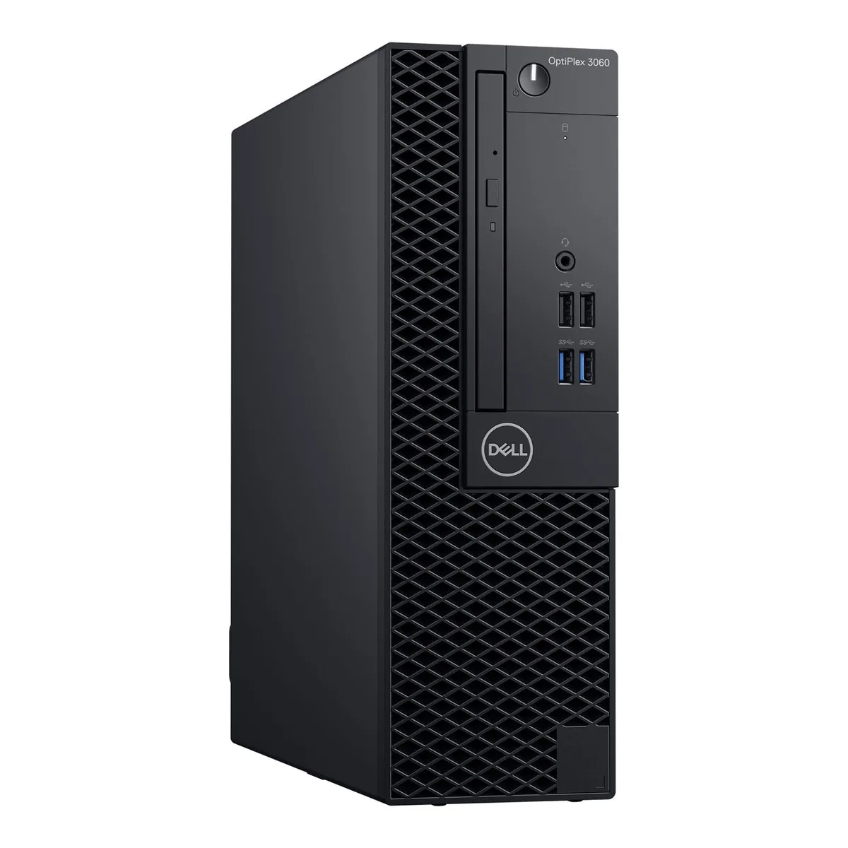 Black small-form-factor desktop tower with USB keyboard and mouse
