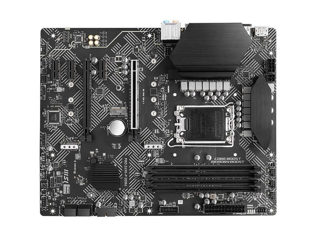 ATX motherboard in matte black with silver heatsinks and grey PCIe slots