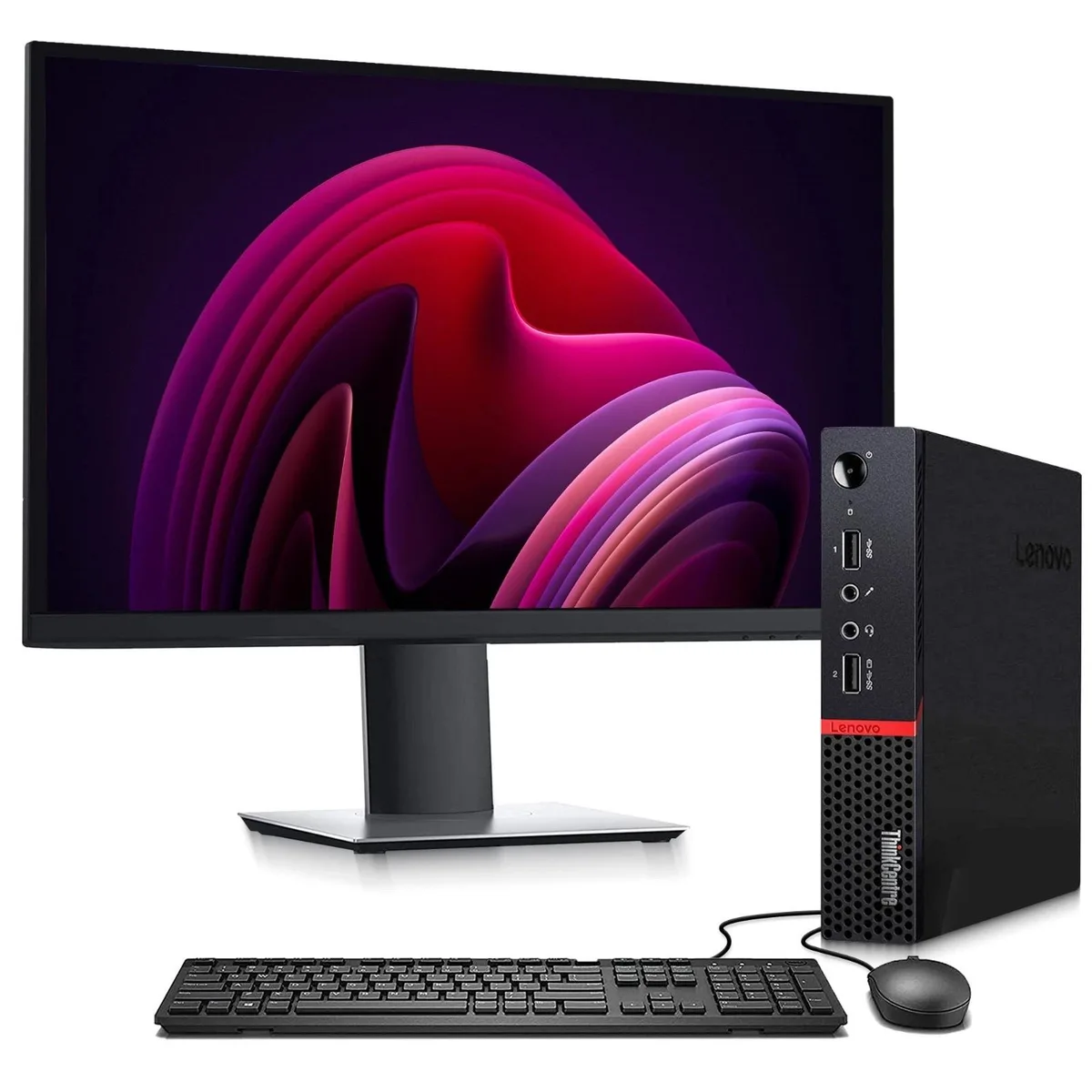 Black Lenovo ThinkCentre M715q Tiny desktop with 22 inch monitor keyboard and mouse