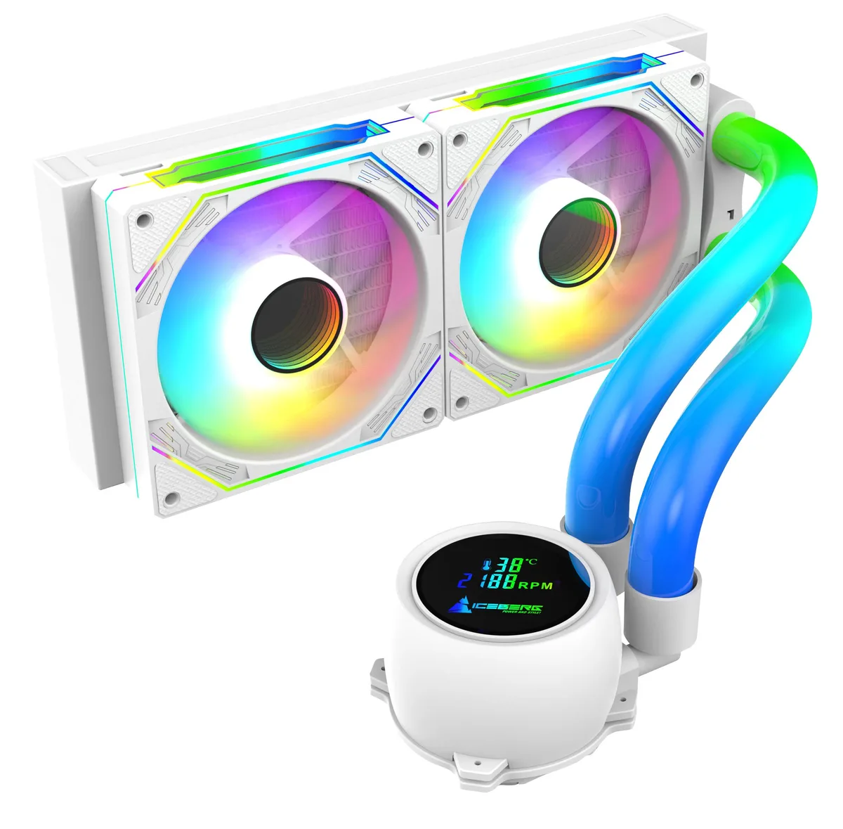 White 240 mm liquid cooler with LCD pump block, two 120 mm ARGB fans, 390 mm tubing
