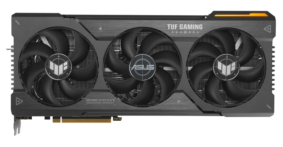 ASUS TUF Gaming Radeon RX 7900 XT triple-fan graphics card in matte black with metal exoskeleton and industrial design