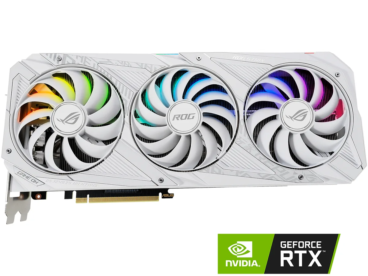 White triple-fan graphics card with silver backplate and PCIe bracket