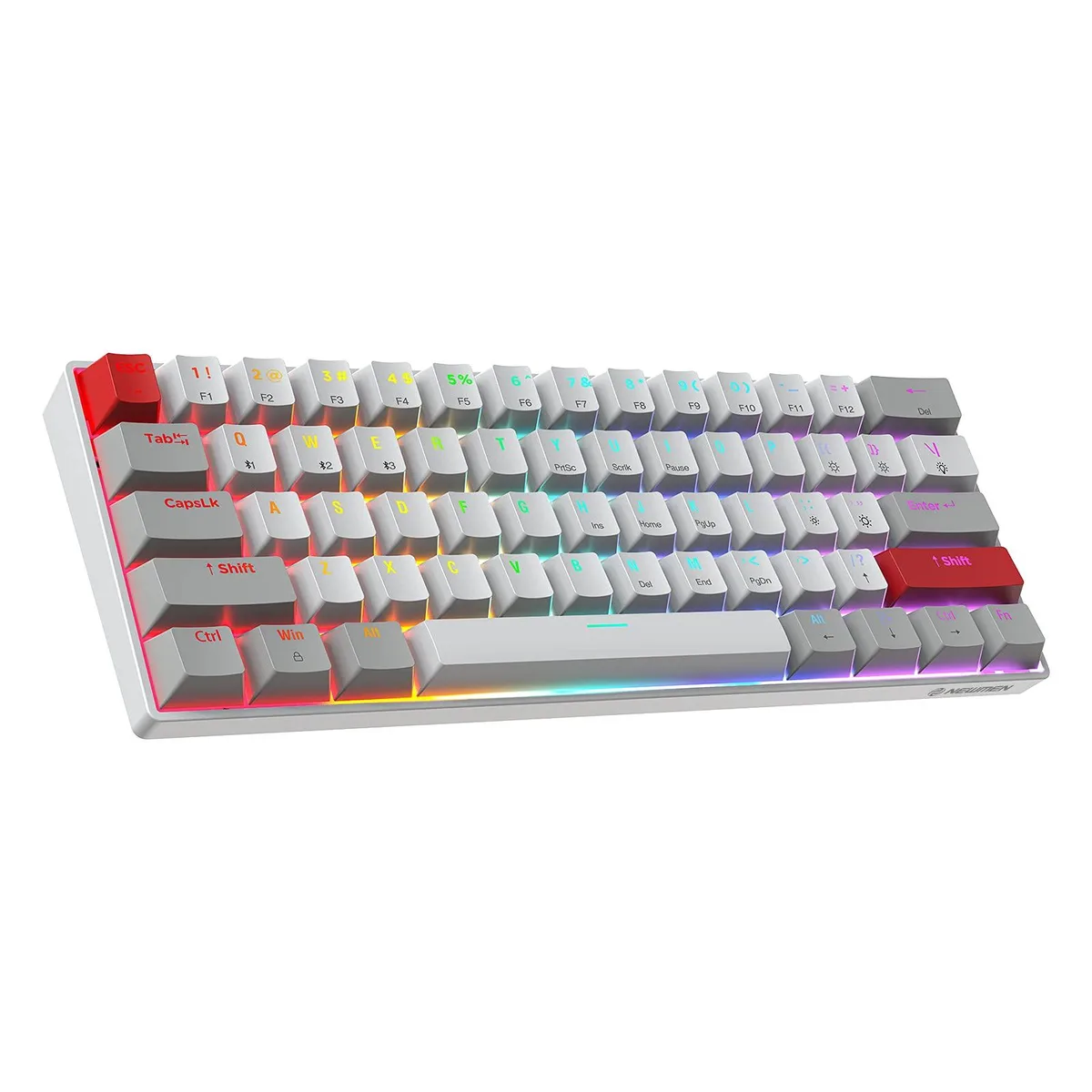 Compact 60 percent wireless mechanical keyboard with red linear switches and RGB backlighting