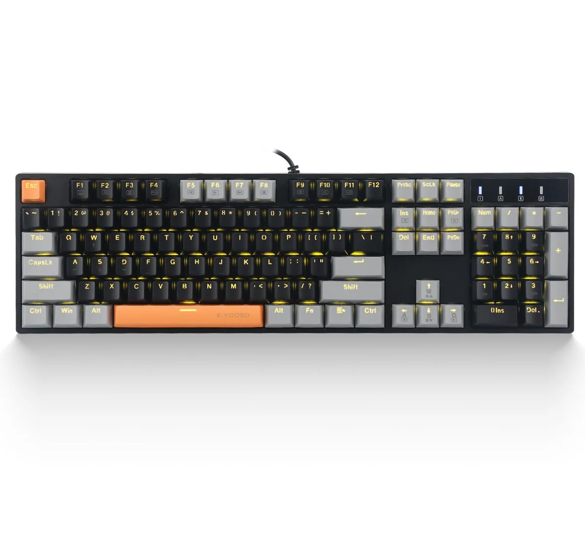 Black and grey full-size mechanical keyboard with yellow backlighting, USB cable attached