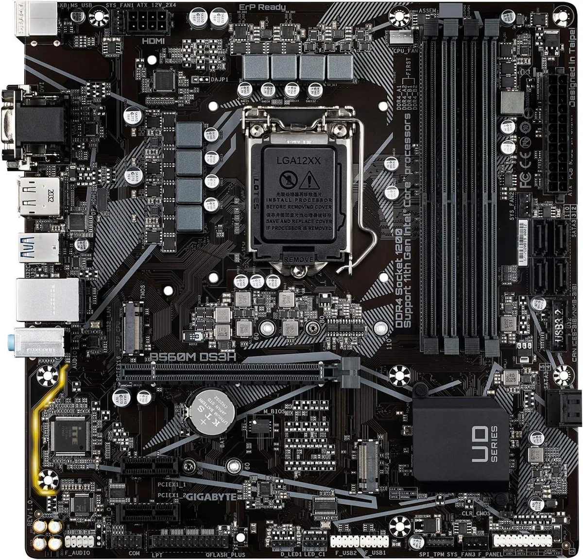 MicroATX motherboard in dark finish with LGA 1200 socket and DDR4 slots