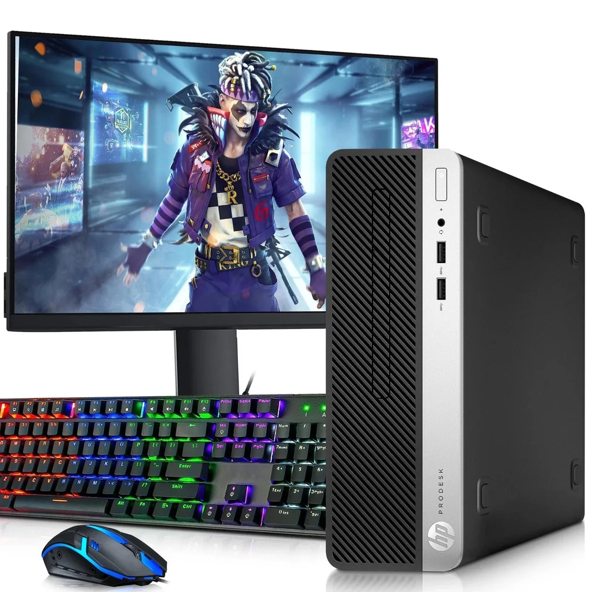 Black compact SFF tower with 19 inch monitor, keyboard and mouse