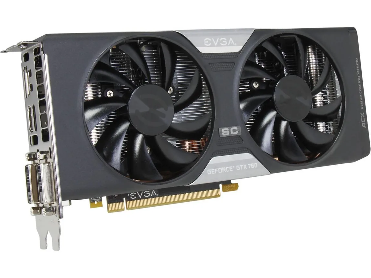Dual-fan EVGA GTX 760 graphics card in matte black with silver accents