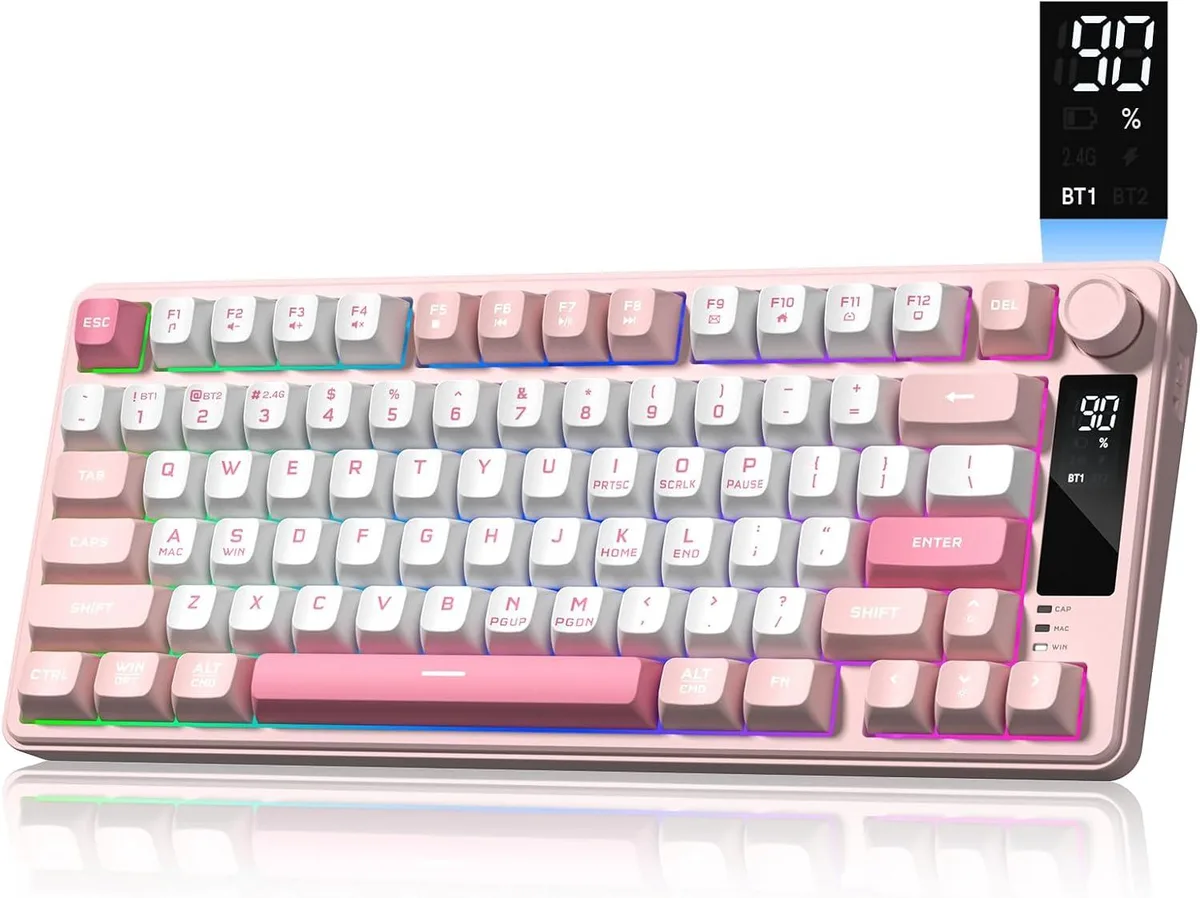 Compact 75% wireless keyboard with media knob, OLED screen, and RGB backlighting