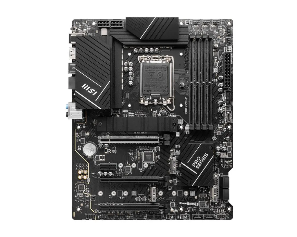 Rectangular ATX motherboard in black with silver heatsinks and silver PCIe slots