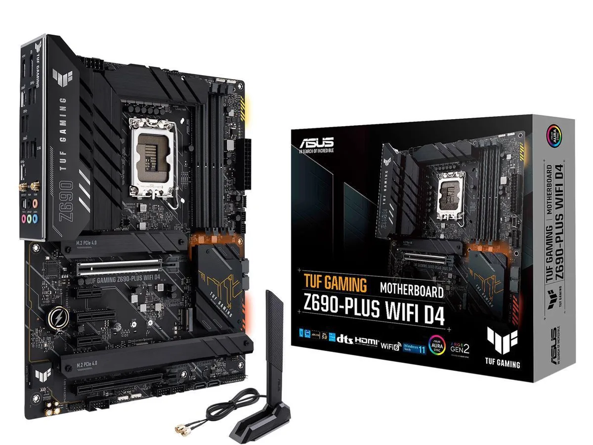 Black ATX motherboard with grey heatsinks, silver I/O shield, and yellow TUF branding