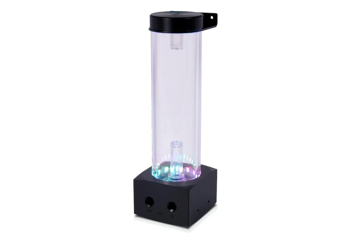 Clear acrylic tube reservoir with black acetal pump top and lid, 12 addressable RGB LEDs, G1/4 ports