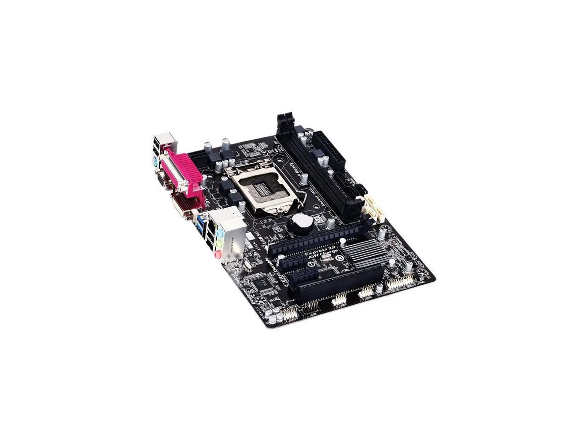 Micro-ATX board in matte black with silver heatsinks and blue slots