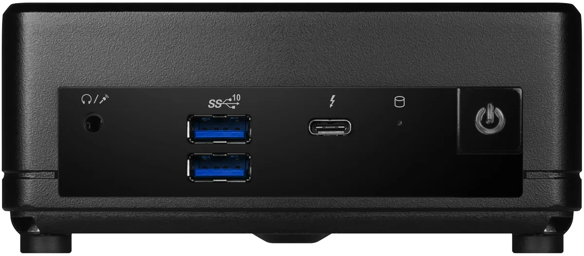 Compact black cube mini PC, 0.7 litre volume, front Thunderbolt 4 Type-C port visible