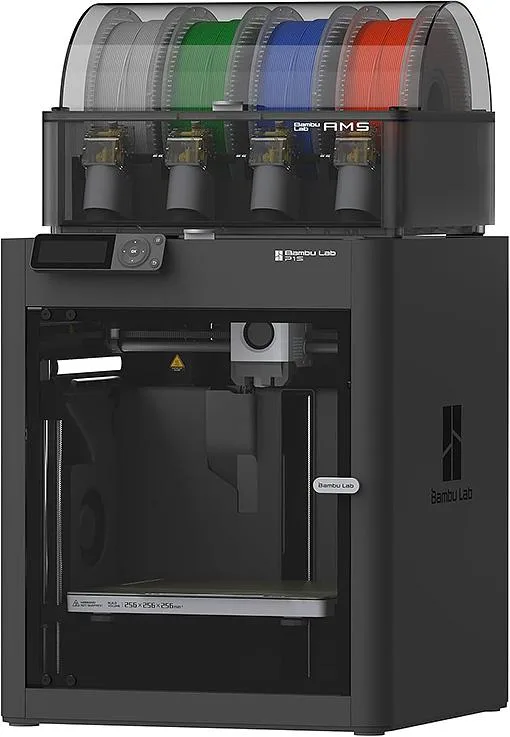 Black enclosed CoreXY 3D printer with four-spool AMS unit on top