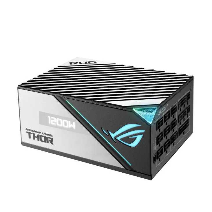 Black rectangular ATX power supply with side OLED screen and modular cable sockets