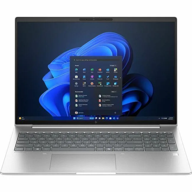 Silver aluminium 16 inch laptop closed with HP badge