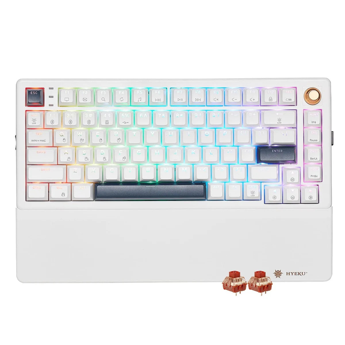 White full-size mechanical keyboard with volume knob, magnetic wrist rest and RGB backlighting