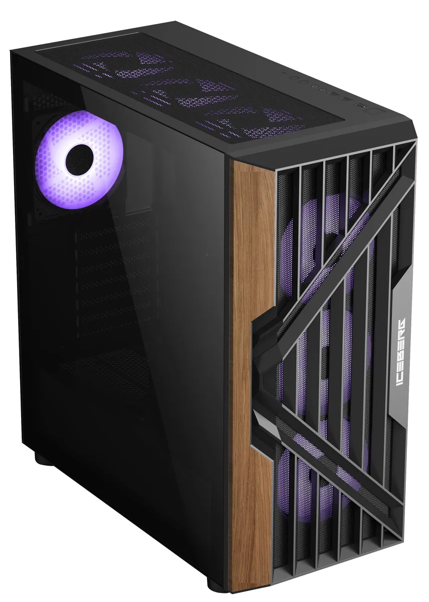 Black full-tower case with tempered-glass side panel, wood accents, seven ARGB fans and 700W PSU
