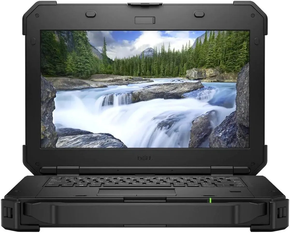 Gray rugged laptop, thick chassis, 14 inch touchscreen, integrated handle, port covers visible