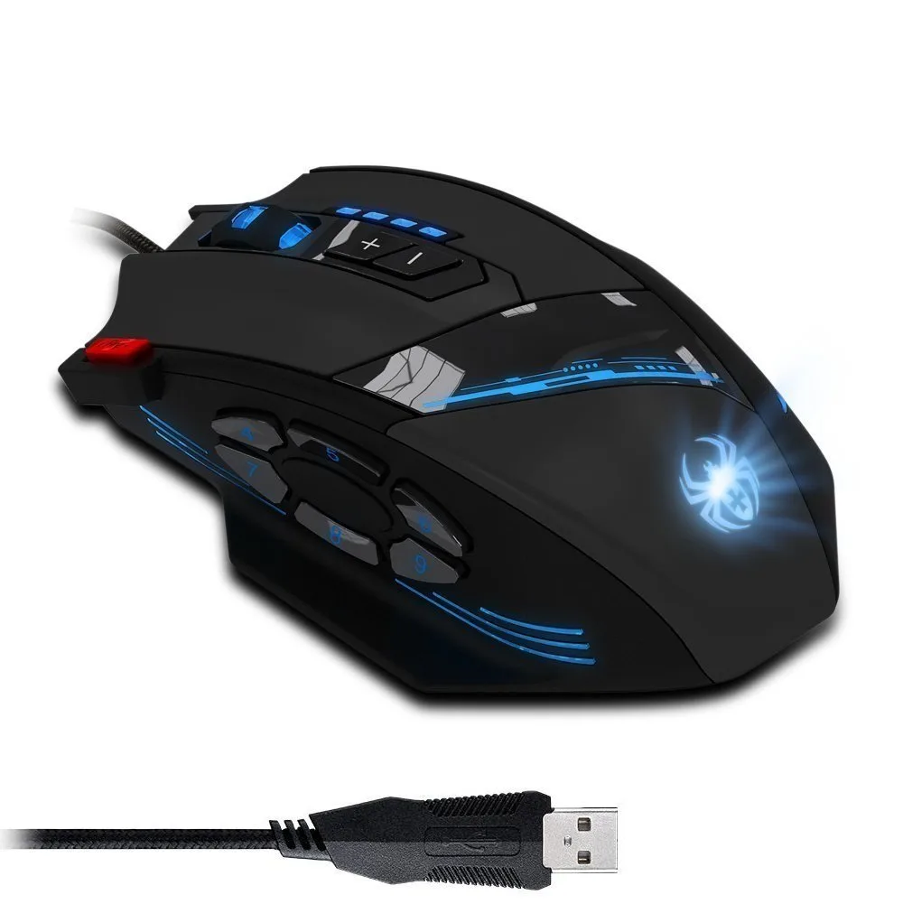Black left-handed wired gaming mouse with 12 buttons and braided cable