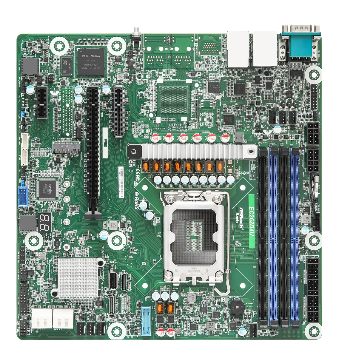 Green Micro-ATX server motherboard with silver LGA 1700 socket and four black DDR5 slots