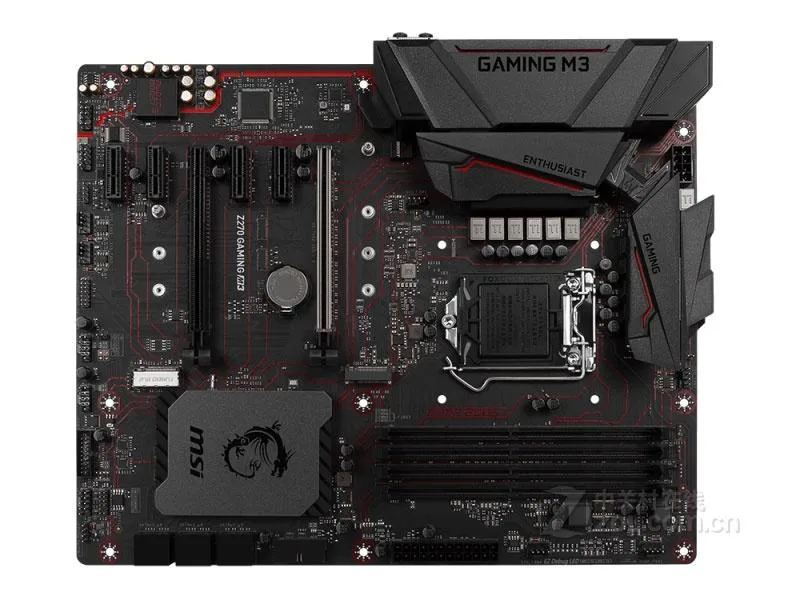 ATX motherboard with black PCB and red accents
