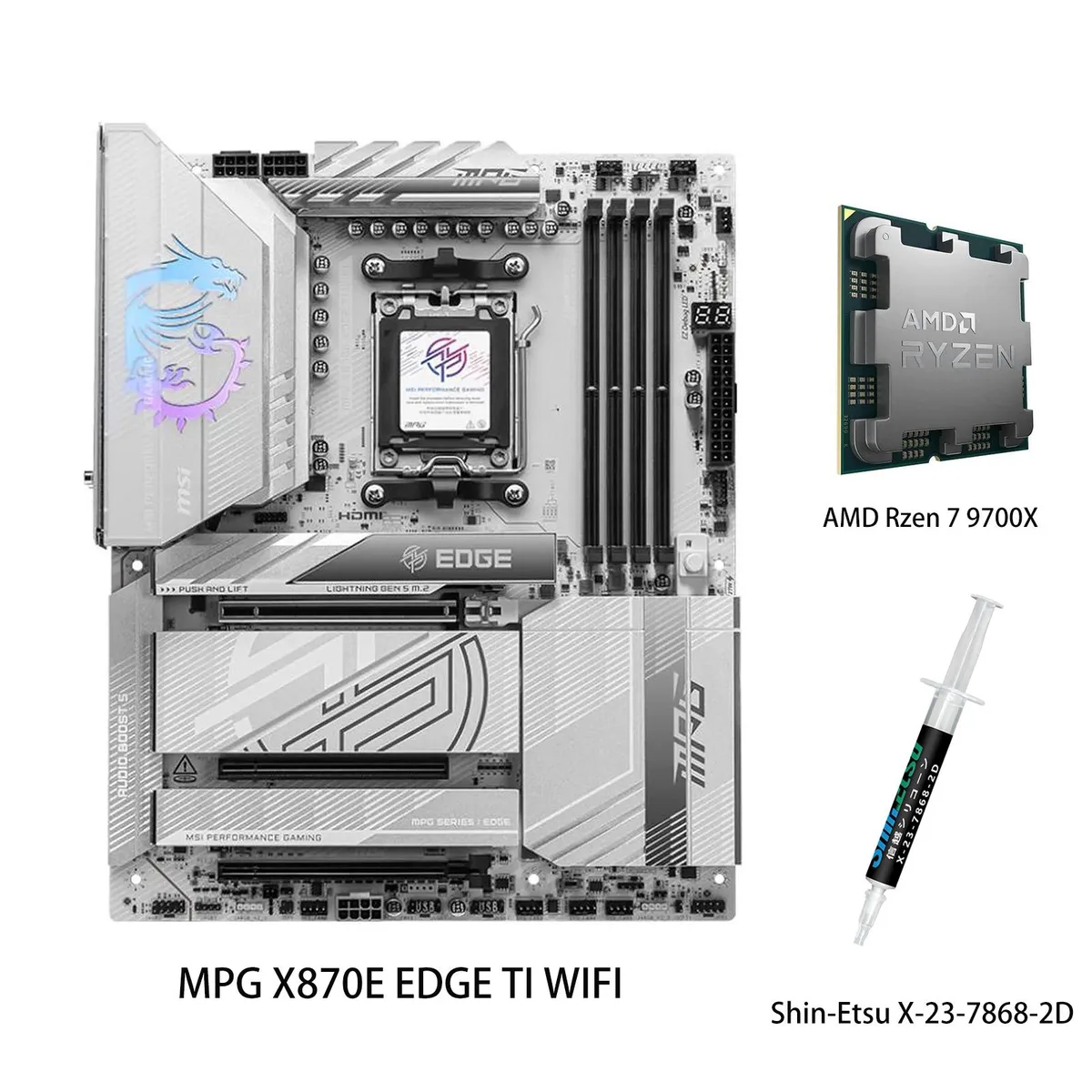 ATX motherboard in silver and black with large heatsinks, four DDR5 slots and multiple M.2 shields