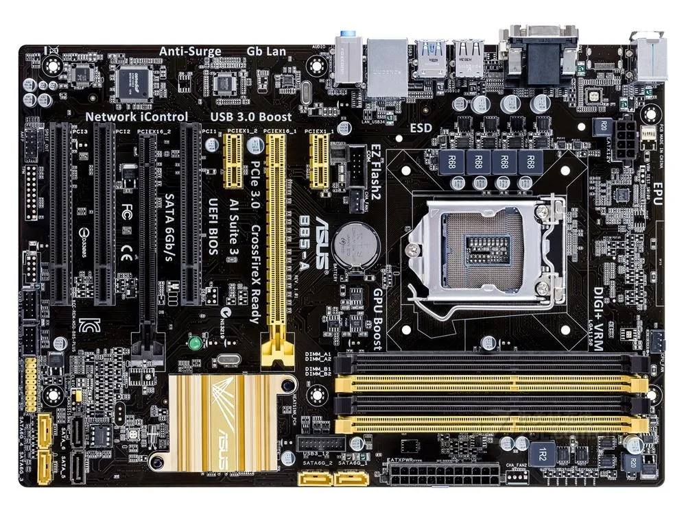 ATX motherboard with black PCB silver heatsinks LGA 1150 socket DDR3 slots