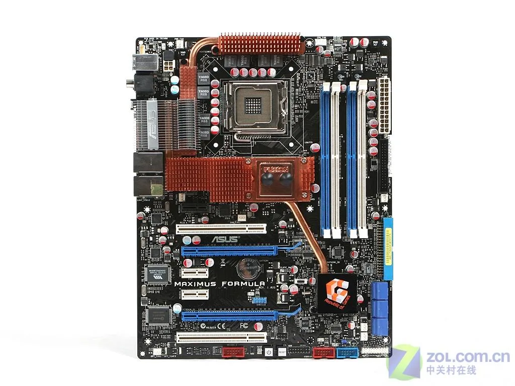 ATX motherboard, dark PCB with silver heatsinks, LGA 775 socket, DDR2 slots, SATA ports, back I/O panel visible