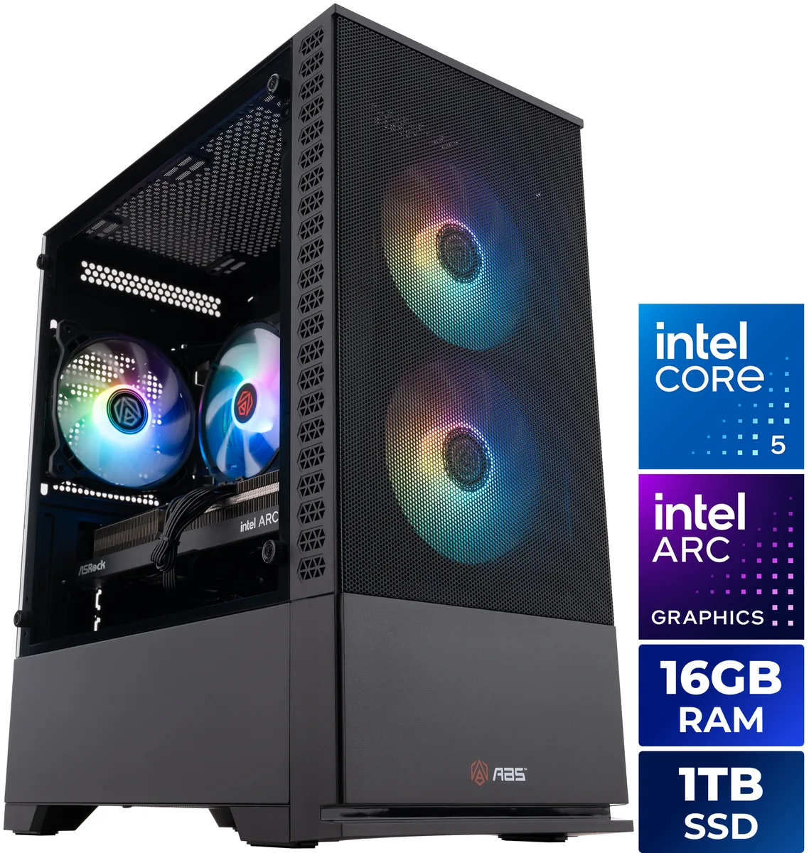 ABS Cyclone Aqua gaming desktop in a dark mid-tower case with ARGB CPU cooler visible through a side panel