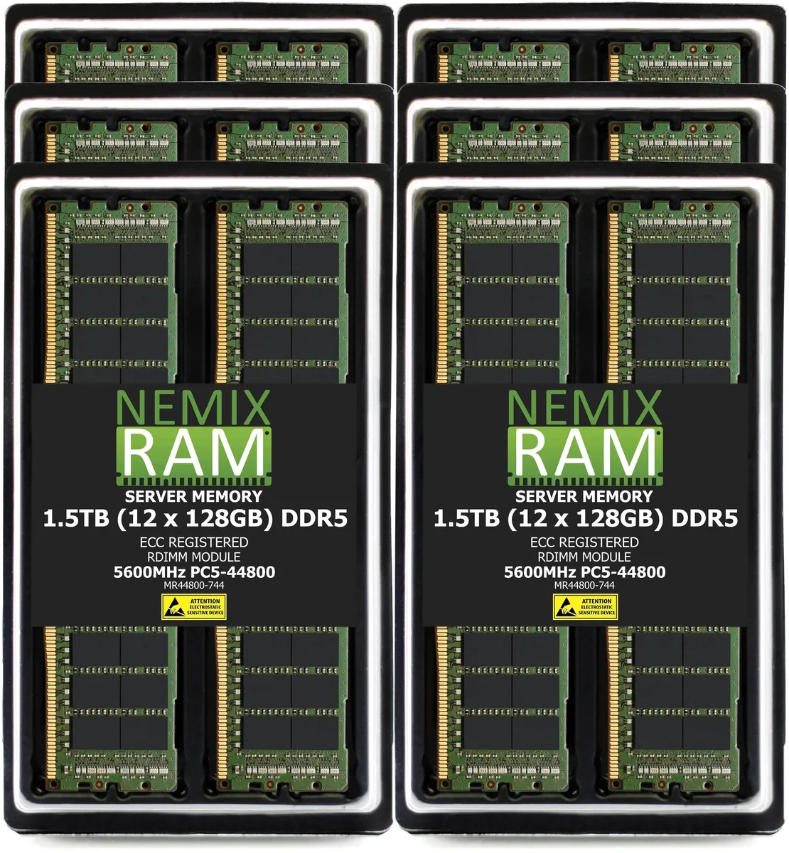 Twelve green DDR5 RDIMM modules in anti-static packaging