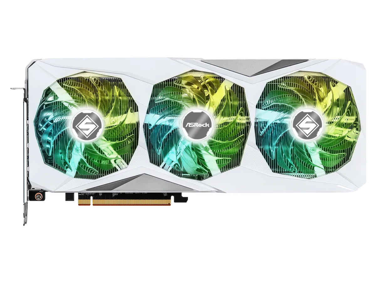 White triple-fan graphics card with silver accents, 2.8-slot ATX form factor